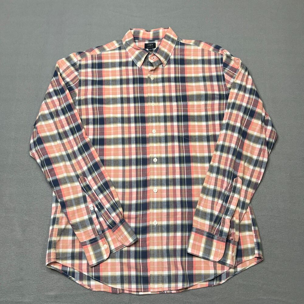 J.Crew Shirt Men's Large Pink Green Summer Plaid Cotton Long Sleeve Button-Down
